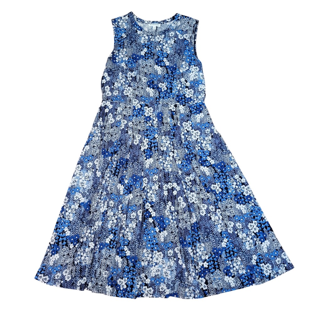 NorthStyle‎ 12 Sleeveless Dress Blue Floral Stretch Midi Fit Flare Modest Summer